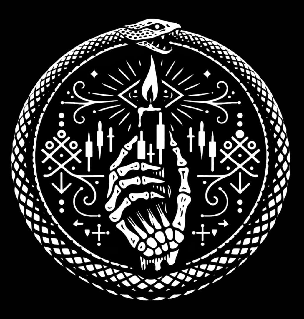 The Dark Room sigil — ouroboros, third eye, skeletal hands holding the candle